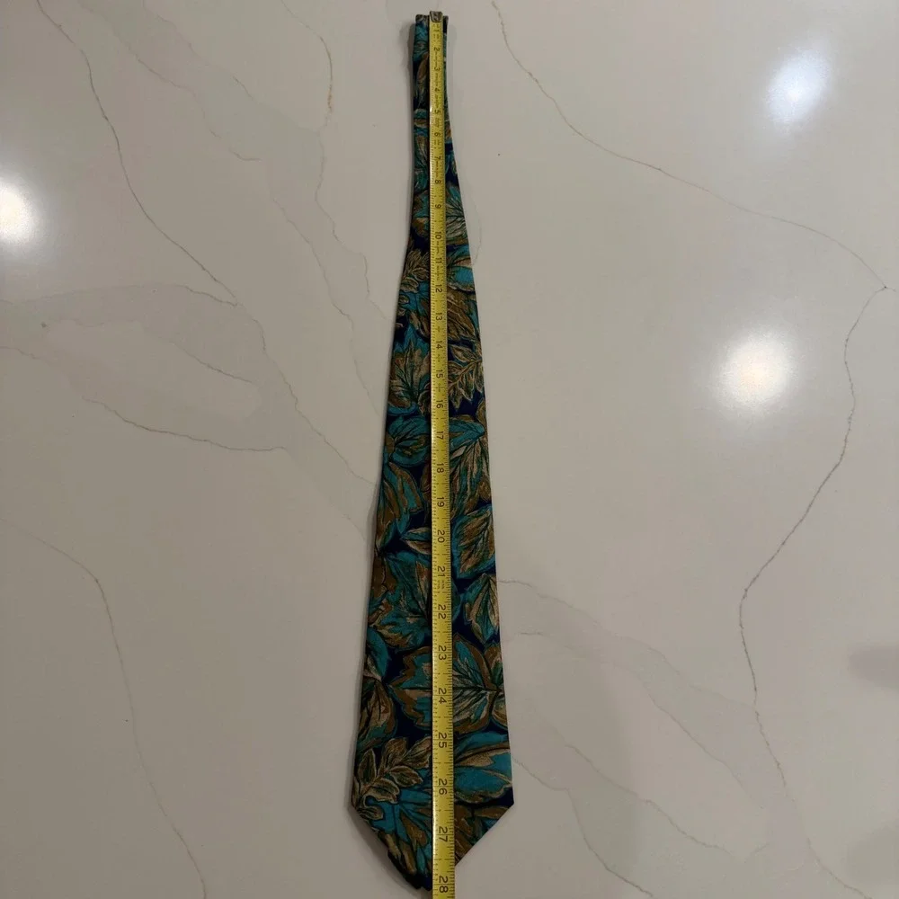 Marina Di Carrara Mens Silk Tie Teal Gold Leaf Botanical Hand‎ Made Italy